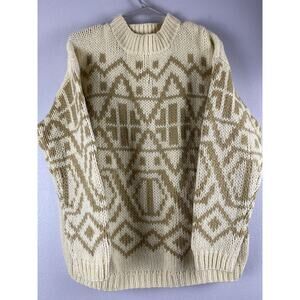 Vtg Jones NY Sz L 100% Hand-knitted Wool Fair Isle Geometric White Tan Sweater